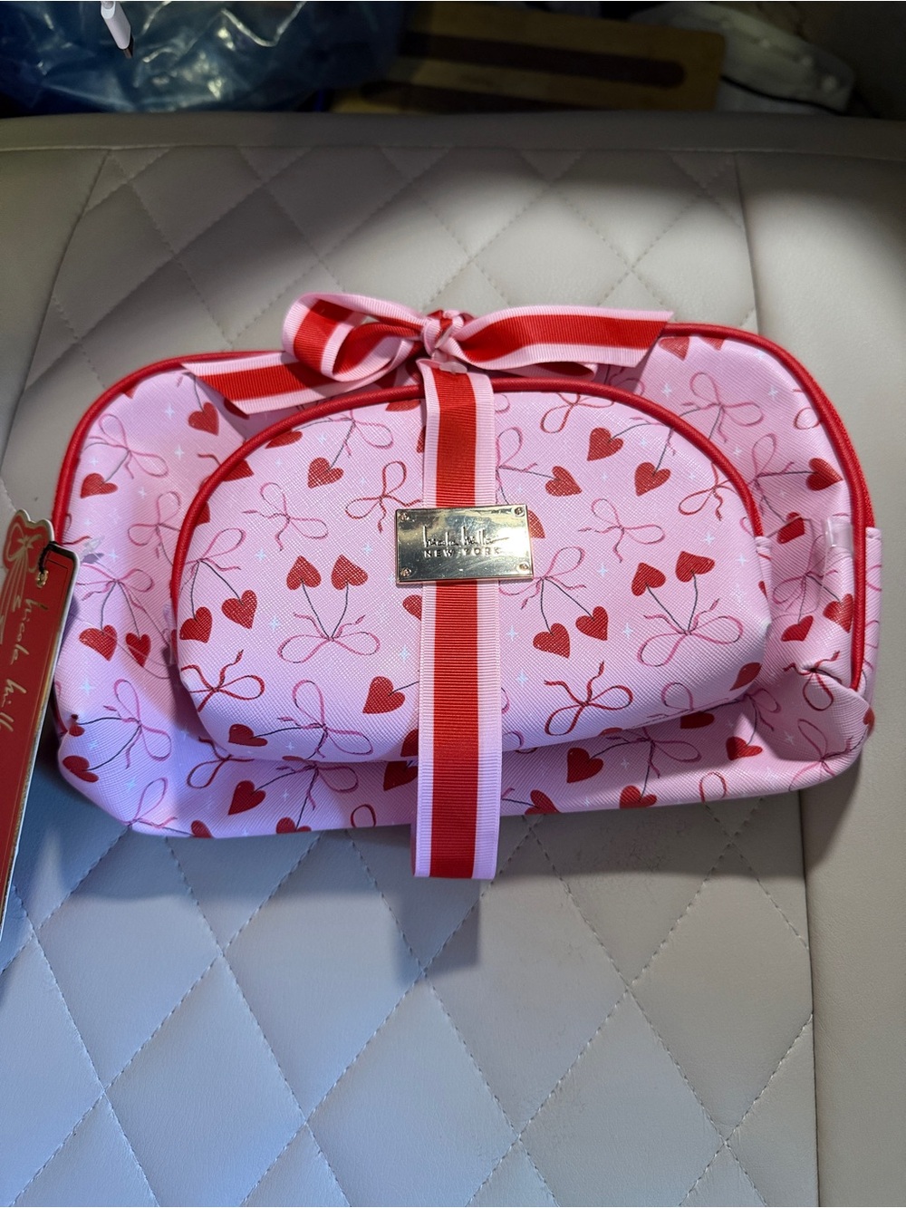 NICOLE MILLER 2 piece Pink Cosmetic Pouches with Red Heart Print & Ribbon - Picture 1 of 4